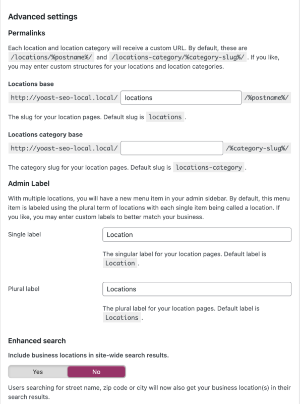 Advanced settings tab in Local SEO for WordPress