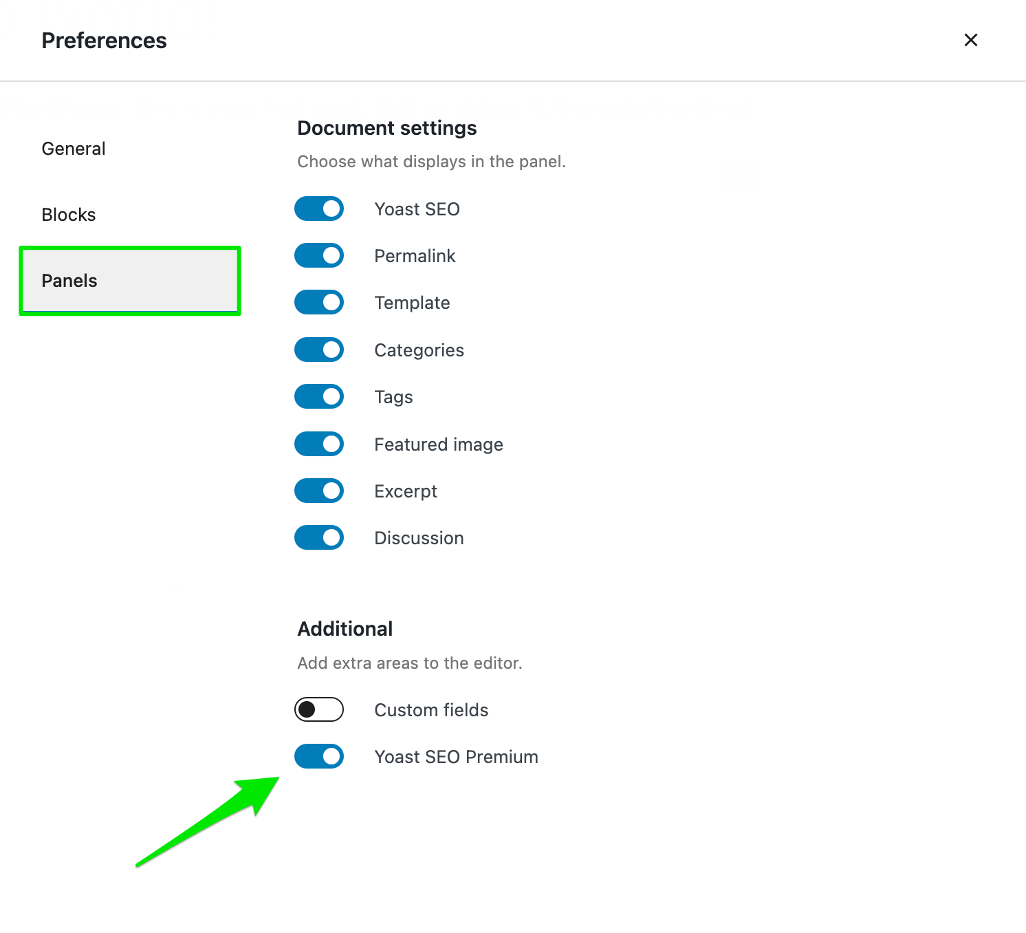 Screenshot_disable Yoast SEO Premium in the Panels section of the Preferences menu item