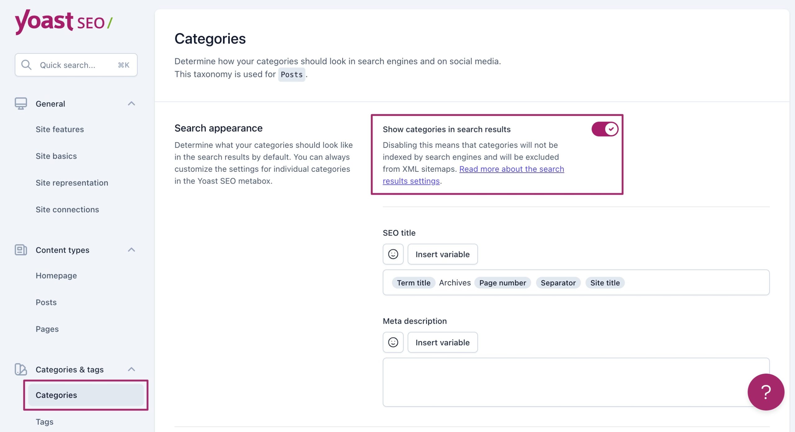 Screenshot of the "Show categories in search results" toggle in the Yoast SEO settings