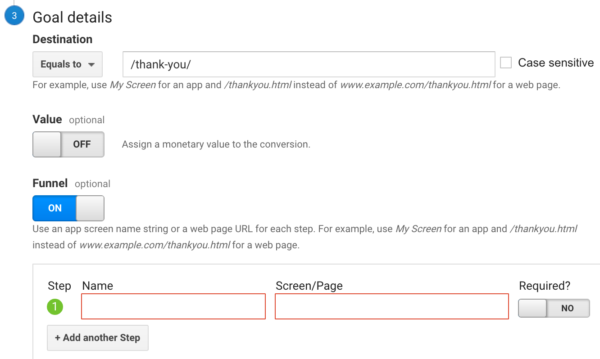 The funnel option when setting up goals in Google Analytics