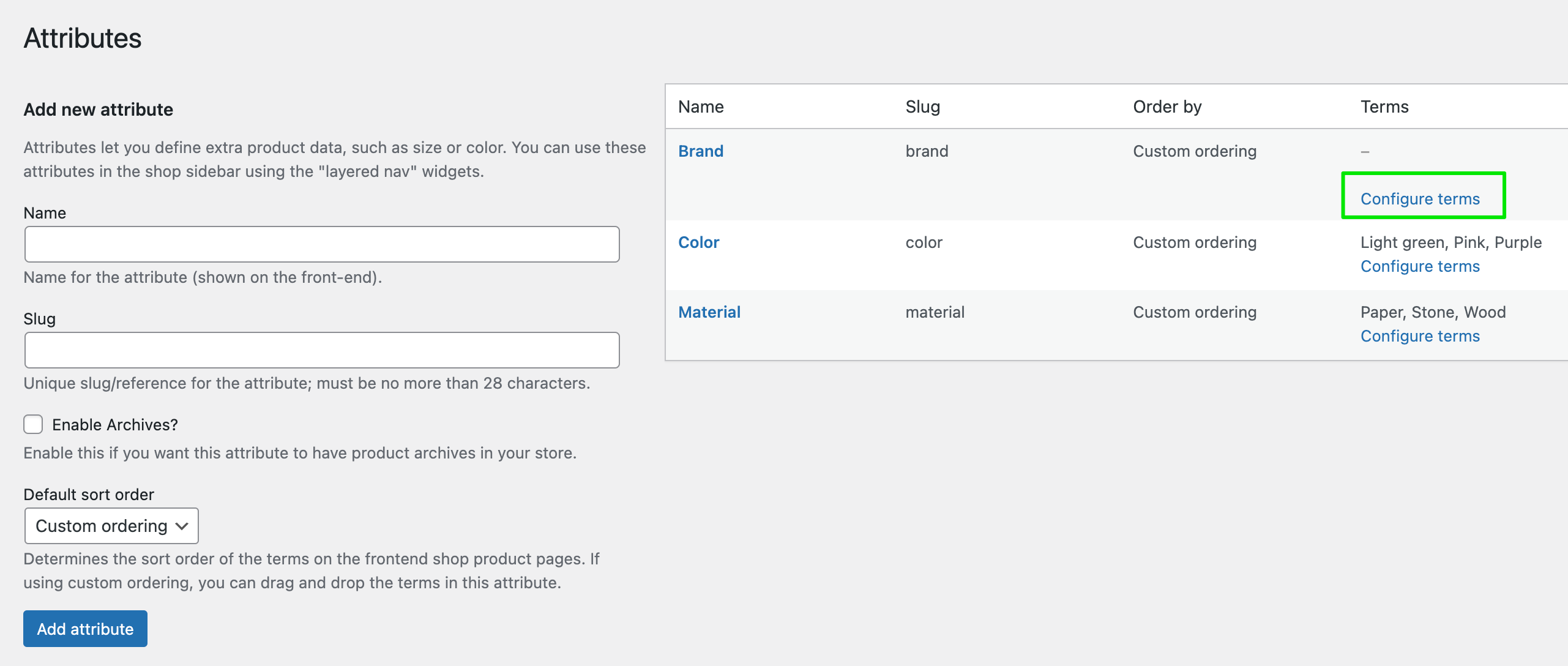 Screenshot configure terms