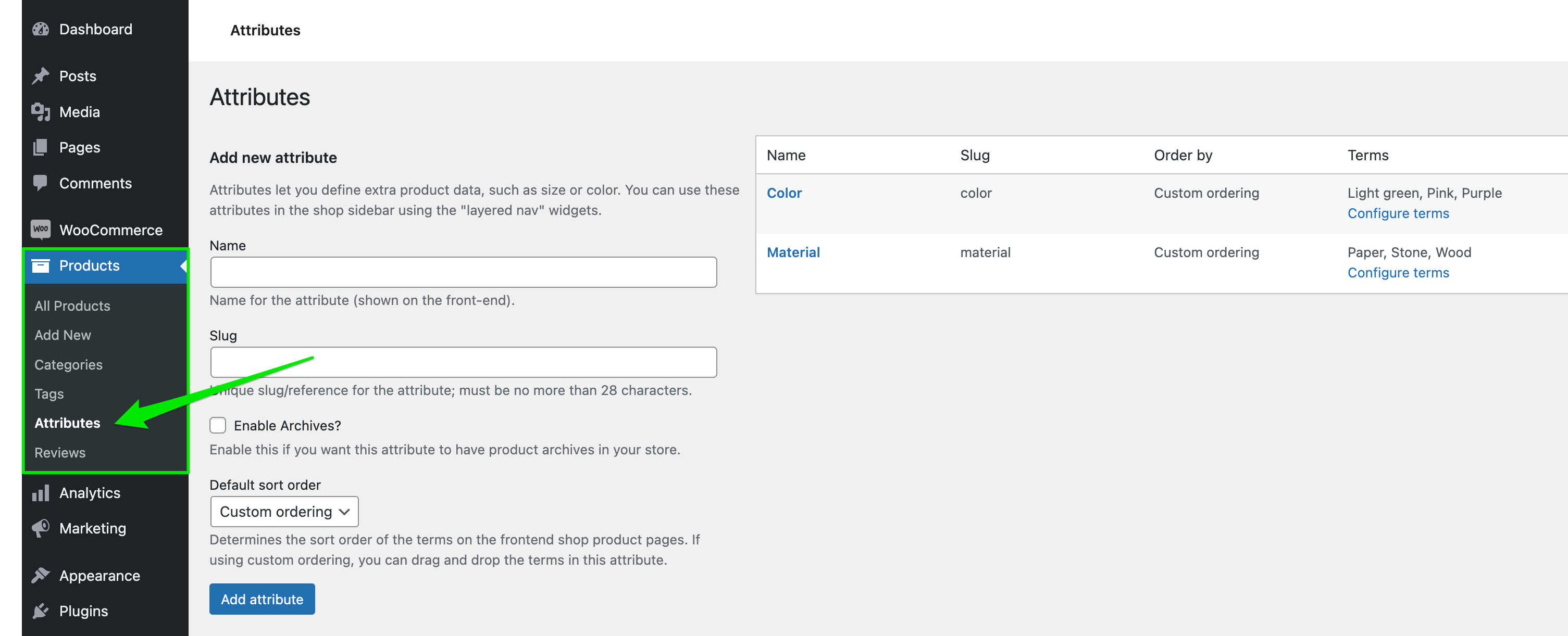 Screenshot product attributes in WooCommerce