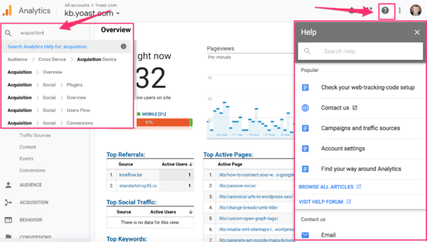 search and help functionality in Google Analytics