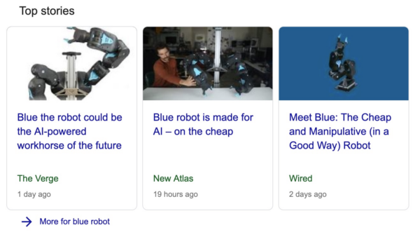 Top stories results in Google for the search 'blue robot'