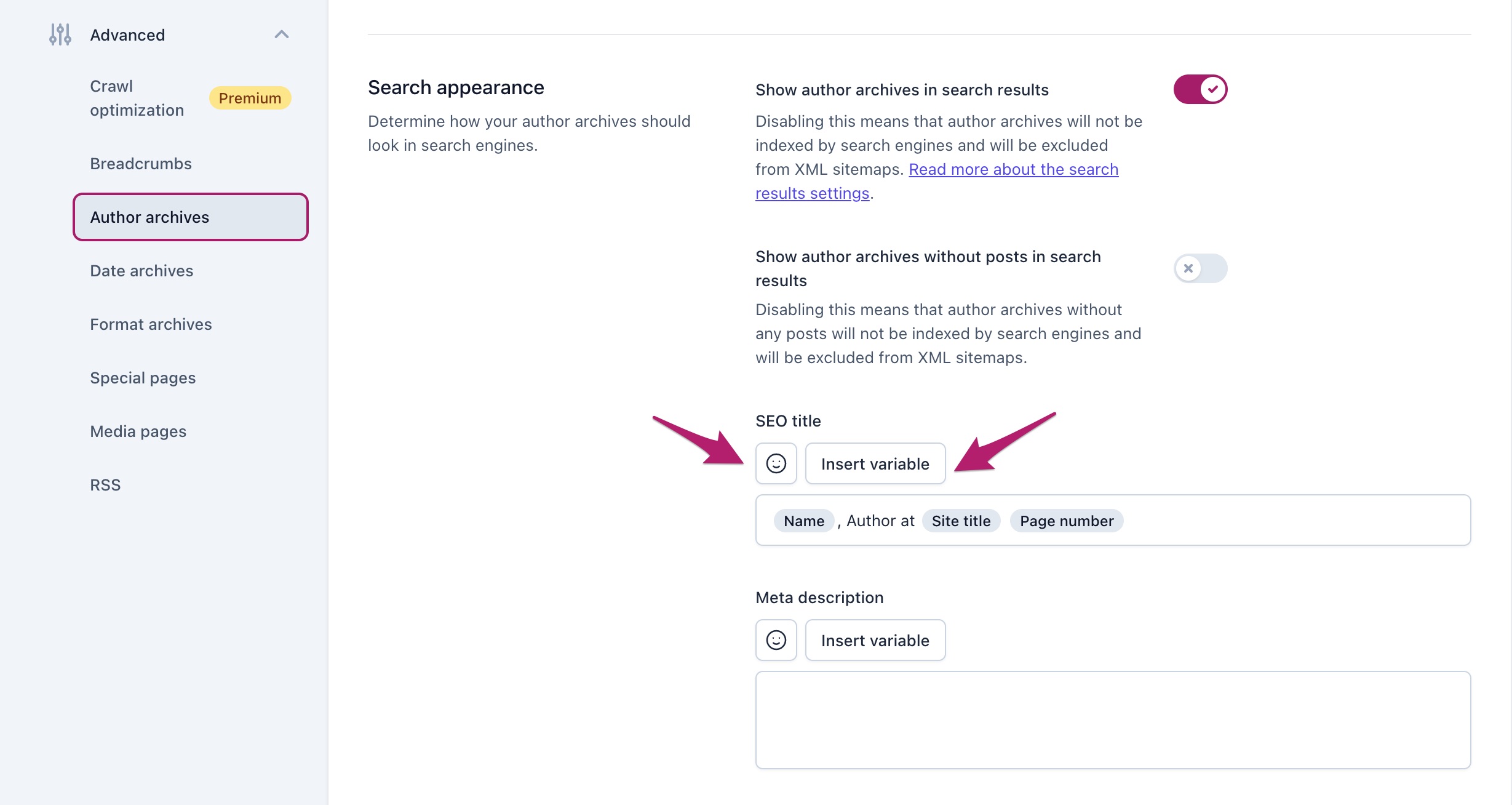 Screenshot showing the search appearance settings for author archives in Yoast SEO. Arrows pointing to the buttons to add variables and emojis.