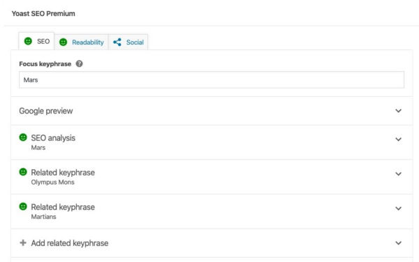 Setting related keyphrases and synonyms in the Yoast Premium SEO plugin