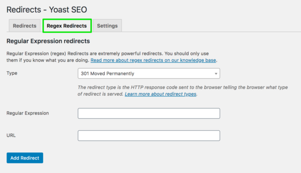 Screenshot showing Regex Redirects tab in Yoast SEO redirect manager