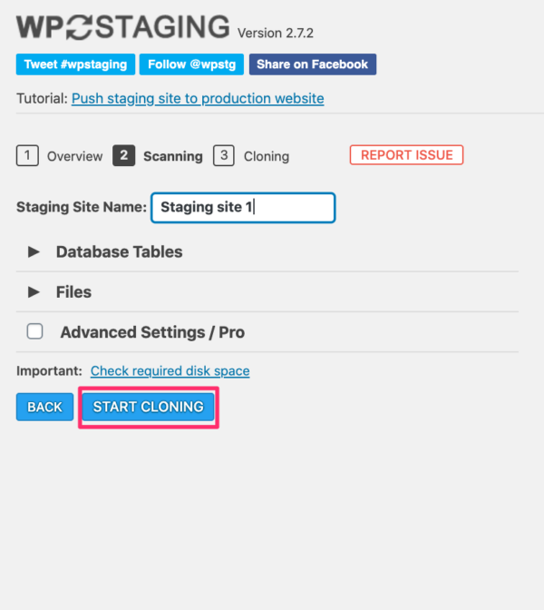 Start cloning using the WP staging plugin