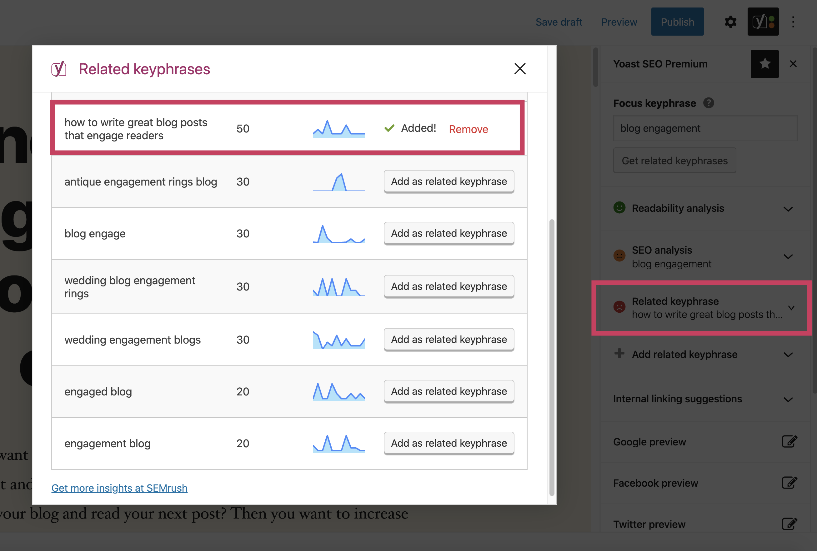 A screenshot of the SEMrush related keyphrase overlay window