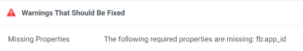 A screenshot of Facebook's Sharing Debugger tool showing a 'missing fb:app_id' error.