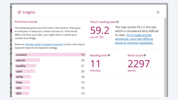 the insights feature in Yoast SEO showing more readability statistics