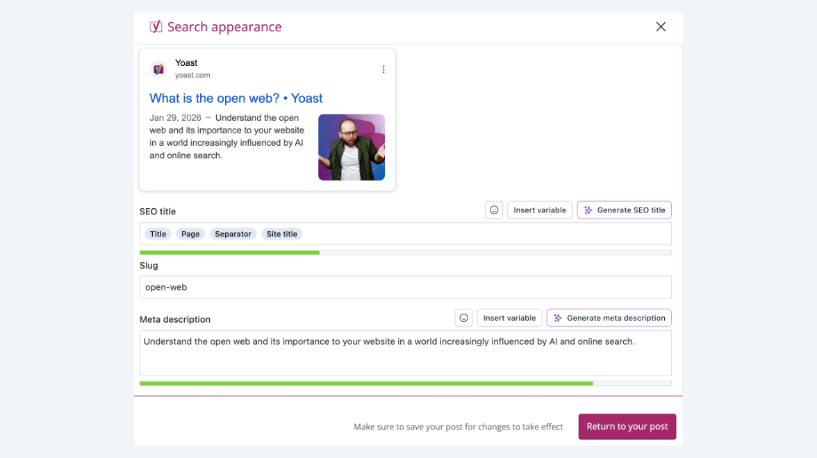Search appearance tab in Yoast SEO allowing to edit meta description, slug and SEO title