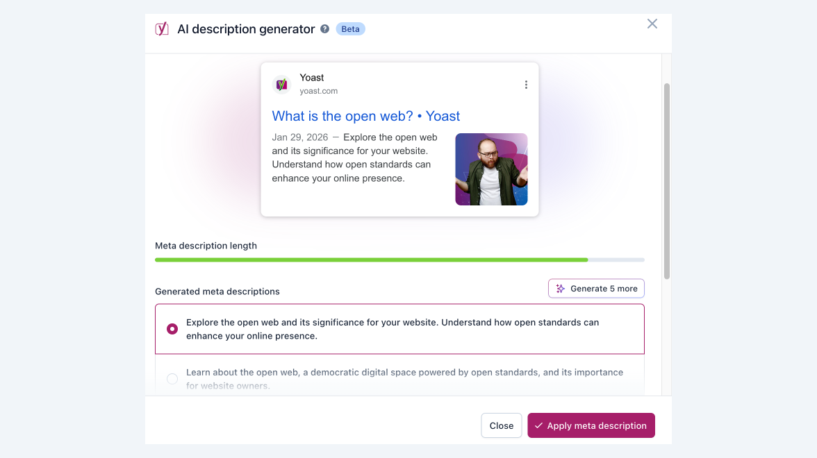 AI Generate feature showing multiple options for the meta description