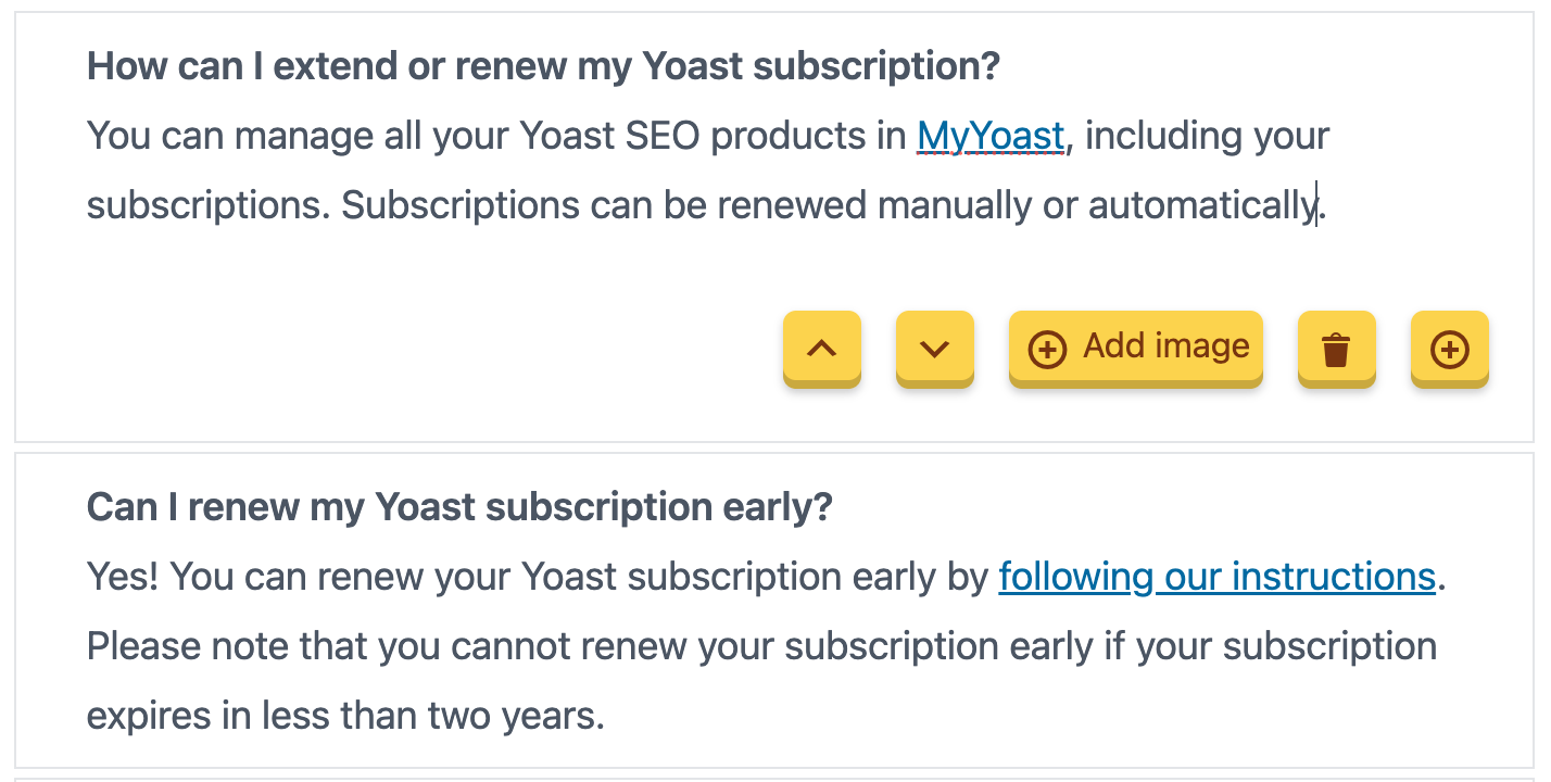 an example faq block shown in the WordPress block editor with information on Yoast subscription FAQs