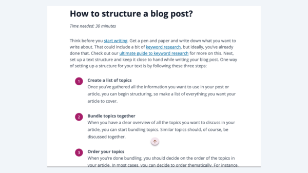an example in a blog post showing a yoast seo how-to block discussing how to structure a blog post