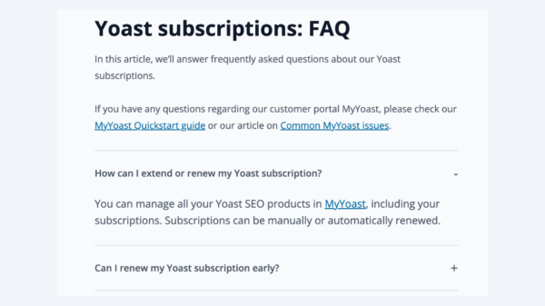 an example of an faq on yoast.com this answers questions about subscriptions