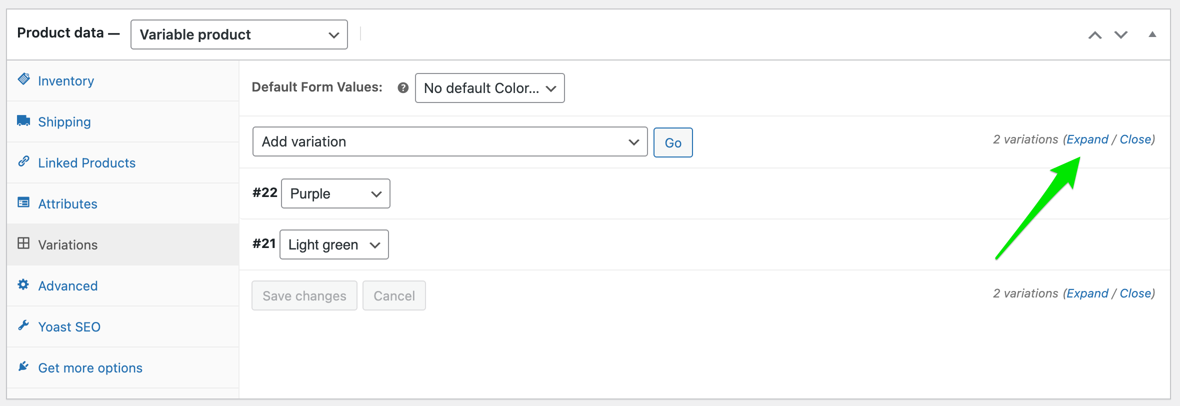 Screenshot expand variations of variable product WooCommerce