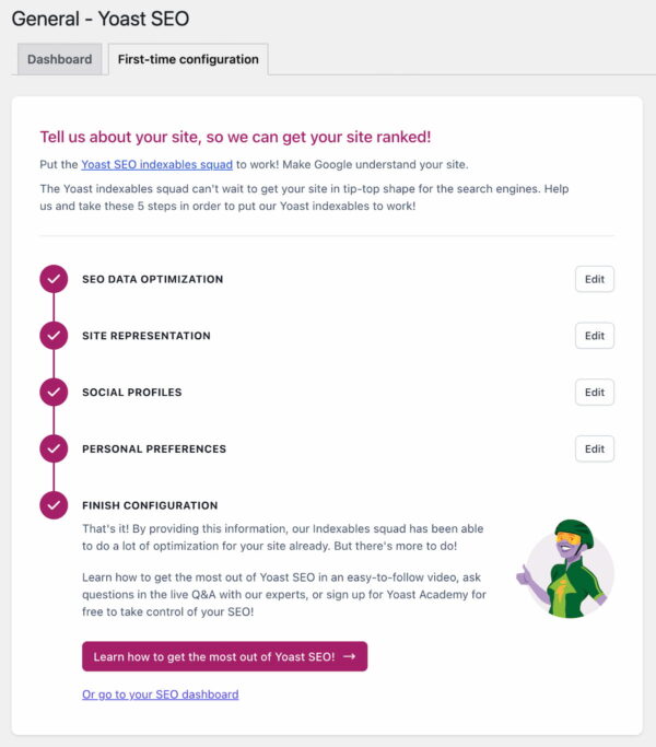 the first-time configuration in Yoast SEO