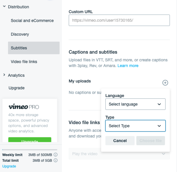 Vimeo Subtitles Menu