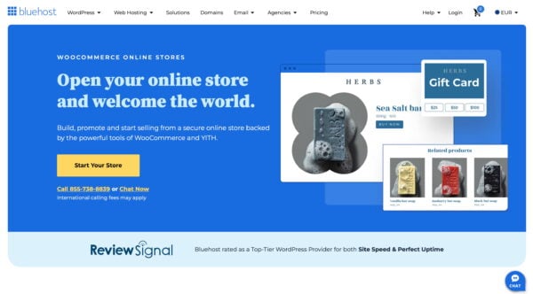 the homepage of bluehost a leading WooCommerce web hosts