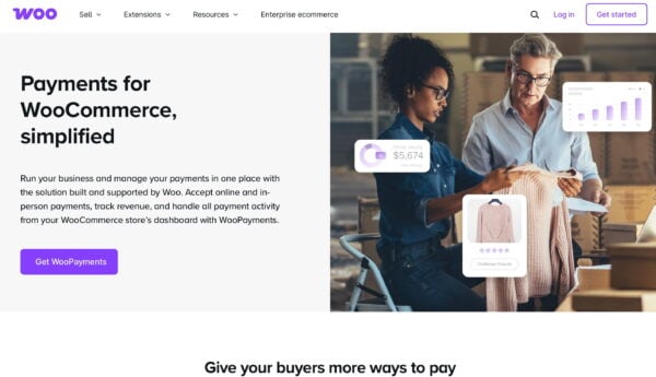 the homepage of woo, showing the woopayments feature