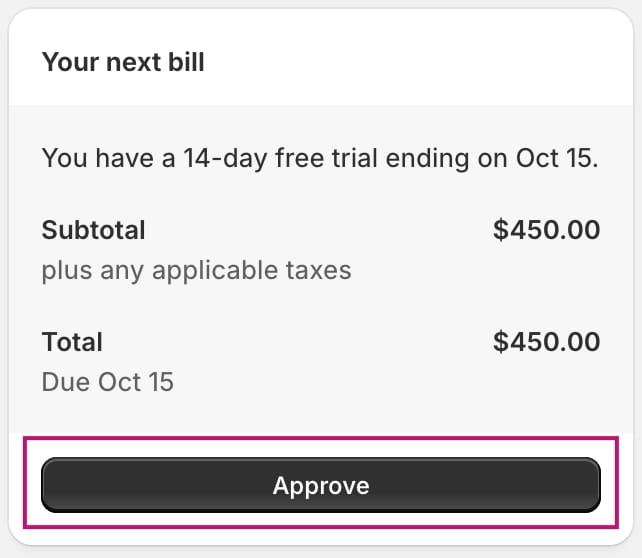 The Approve button for a Yoast SEO for Shopify subscription.
