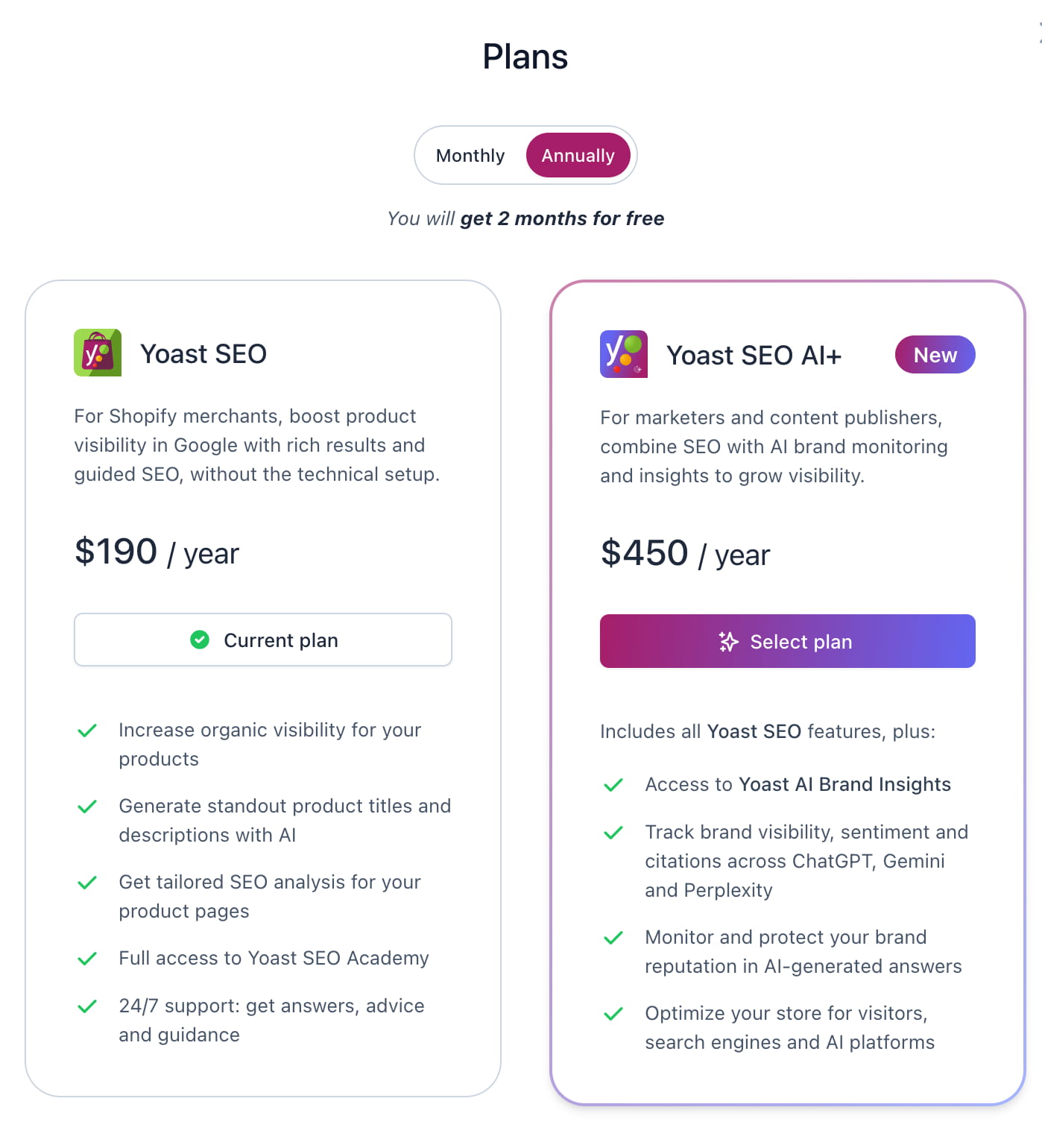 The Yoast SEO and Yoast SEO AI+ plan cards in Yoast SEO for Shopify.