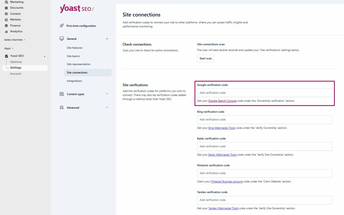 Screenshot of the Site connections section in Yoast SEO for Shopify settings