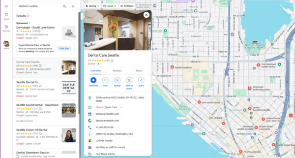 Screenshot of Google Maps for the search question "dentist in Seattle". The highlighted listing is Dental Care Seattle. 