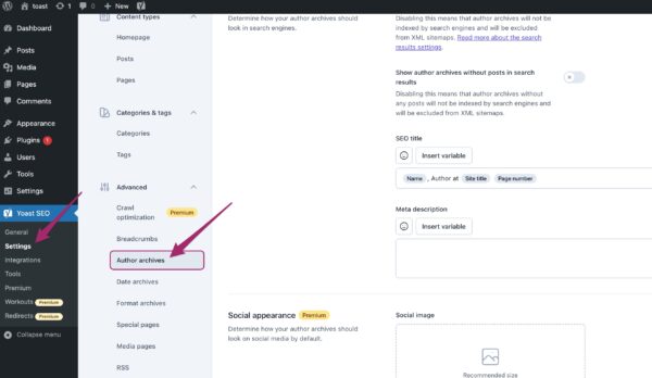 Screenshot of the Author archives settings in Yoast SEO