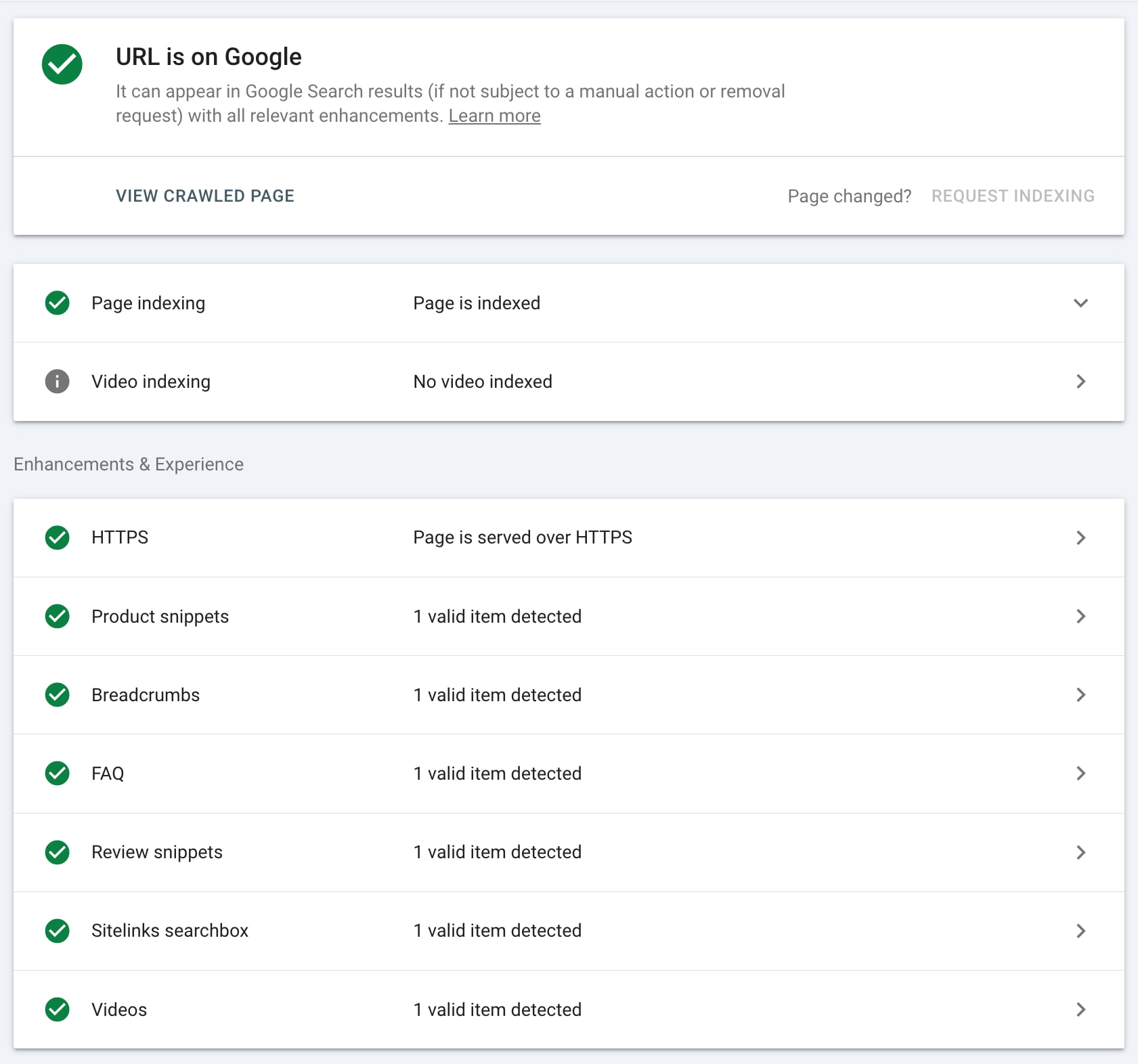 url inspection in search console showing if a page is indexed and if it has enhancements 