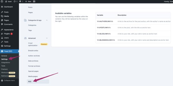 Screenshot of the RSS menu item in the Yoast SEO settings