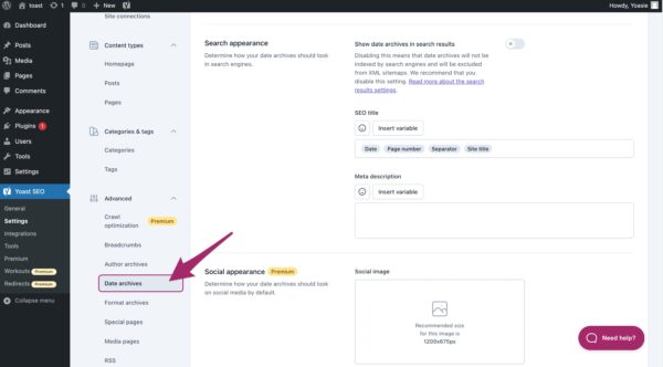 Screenshot of the Date archives settings in Yoast SEO
