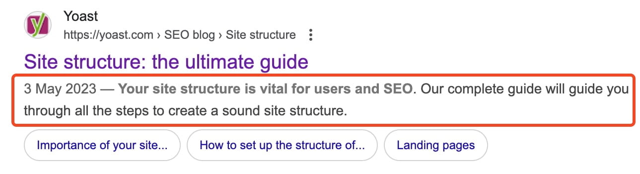 an example of a meta description showing the yoast site structure ultimate guide
