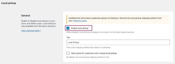 Screenshot of enabling the local pickup option in WooCommerce