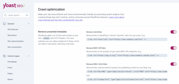 screenshot of crawl optimization settings in Yoast SEO