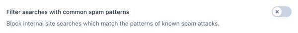 screenshot of the "Filter searches with common spam patterns" toggle in the crawl optimization settings in Yoast SEO