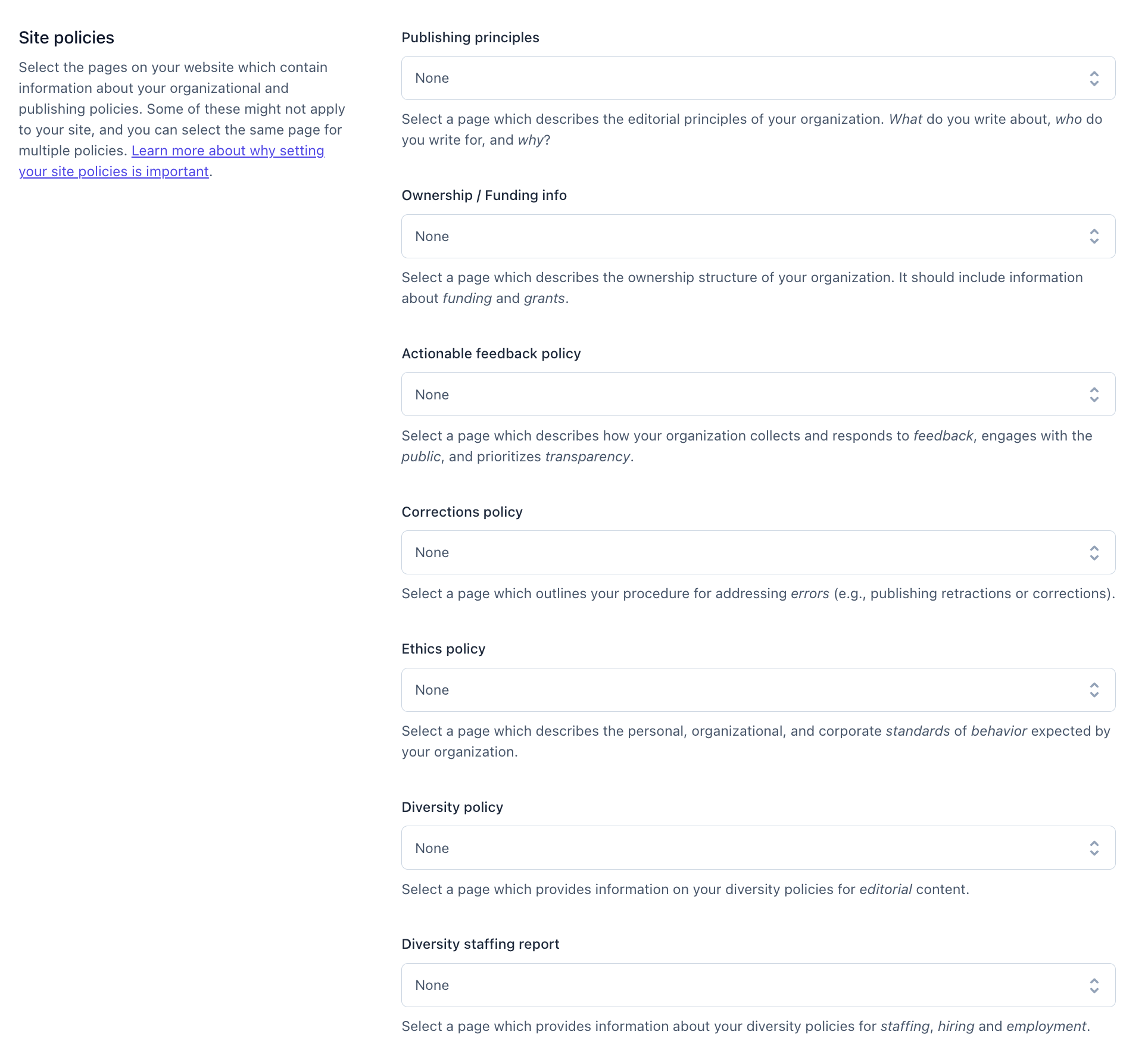 screenshot of the site policies settings in yoast seo