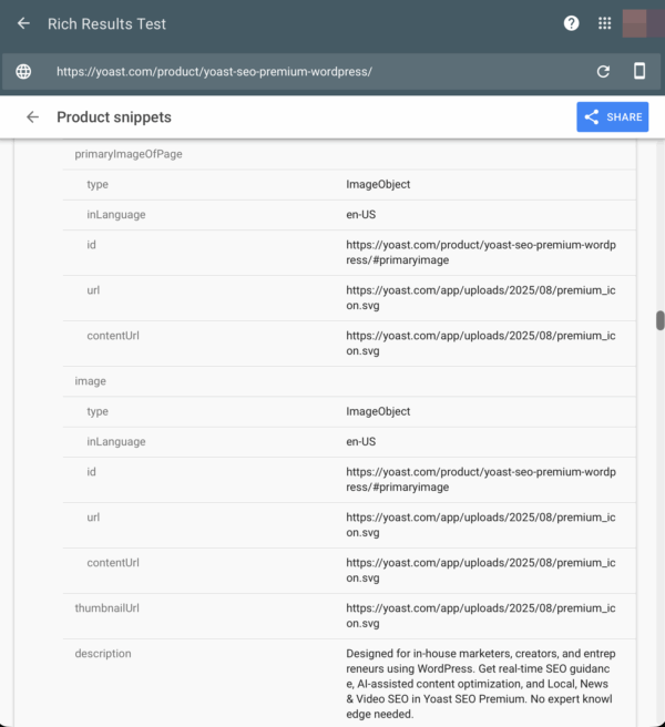 screenshot showing google's rich results test with a yoast product page and an imageobject schema example