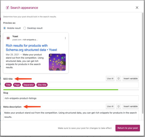 search appearance preview section in yoast seo