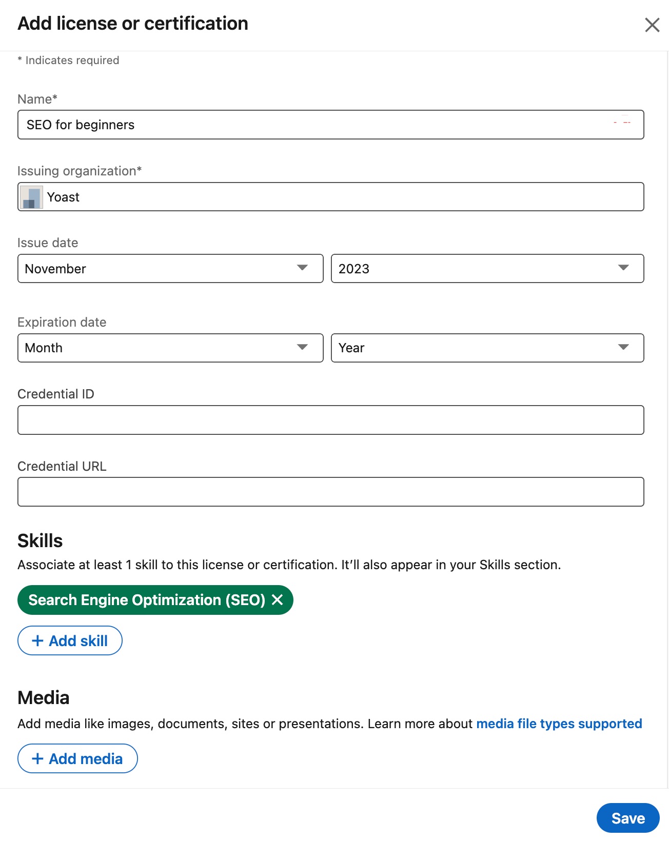 the Add license or certification screen