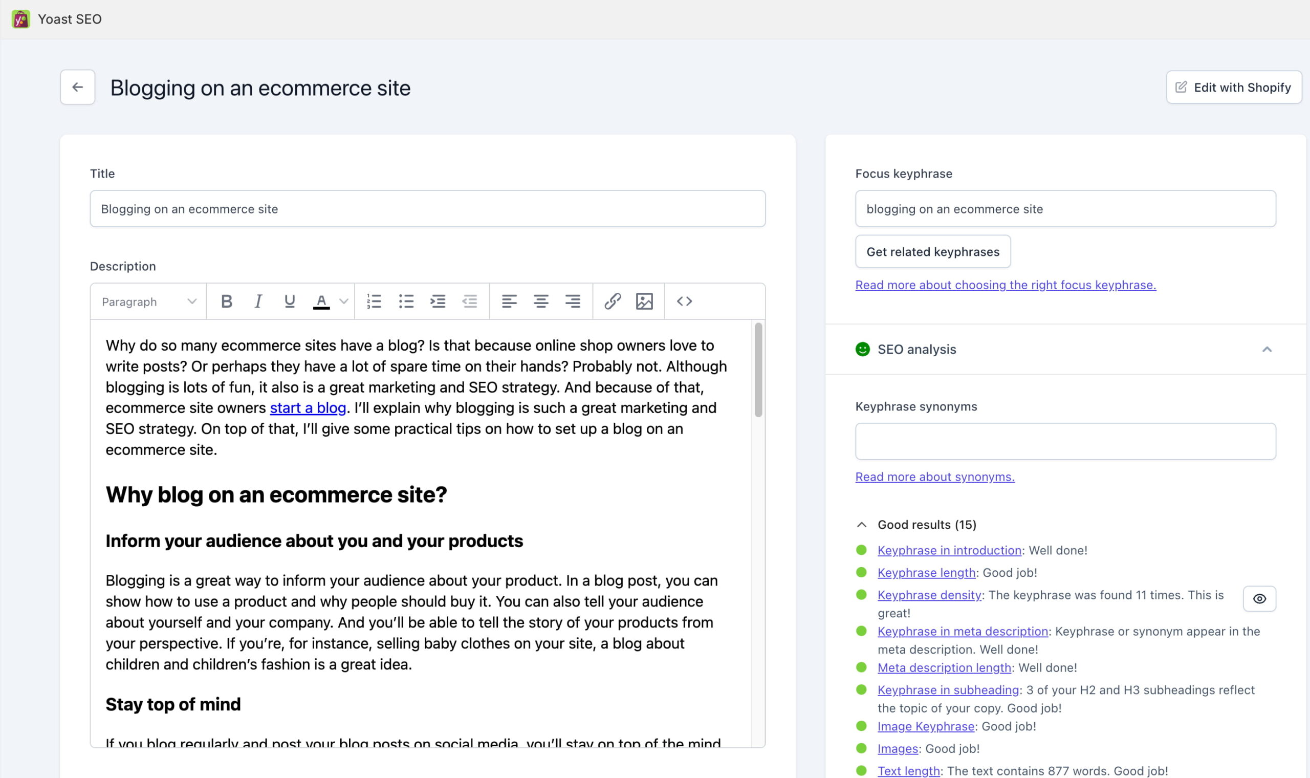 an image of the interface of yoast seo for shopify showing the post editor and colored feedback traffic lights