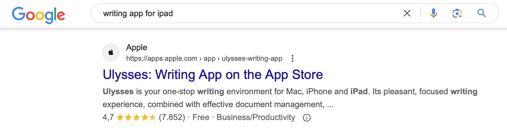 google result of a search for writing apps for ipad showing the ulysses app