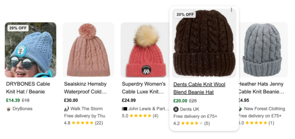 organic search results for cable knit hat, demonstrating how the strikethrough features look from the searcher perspective