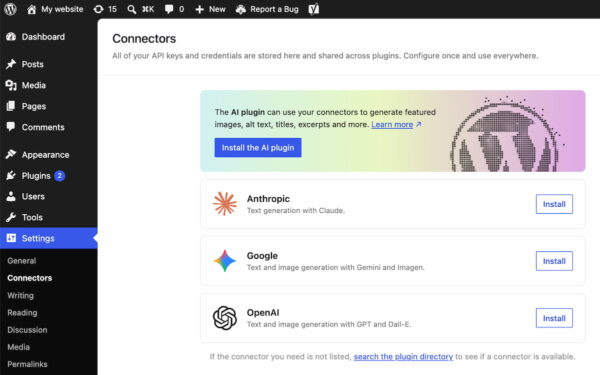 Connectors settings in WordPress 7.0
