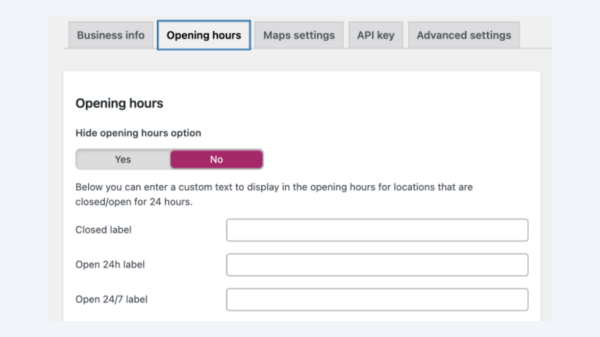 the opening hour section in local seo with a purple button and several input fields