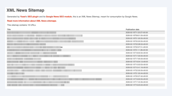 a screenshot of an xml news sitemap as generated by yoast news seo