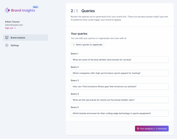 Yoast AI Brand Insights lets you customize the queries you want to track in the LLMs like ChatGPT, Perplexity and Google Gemini