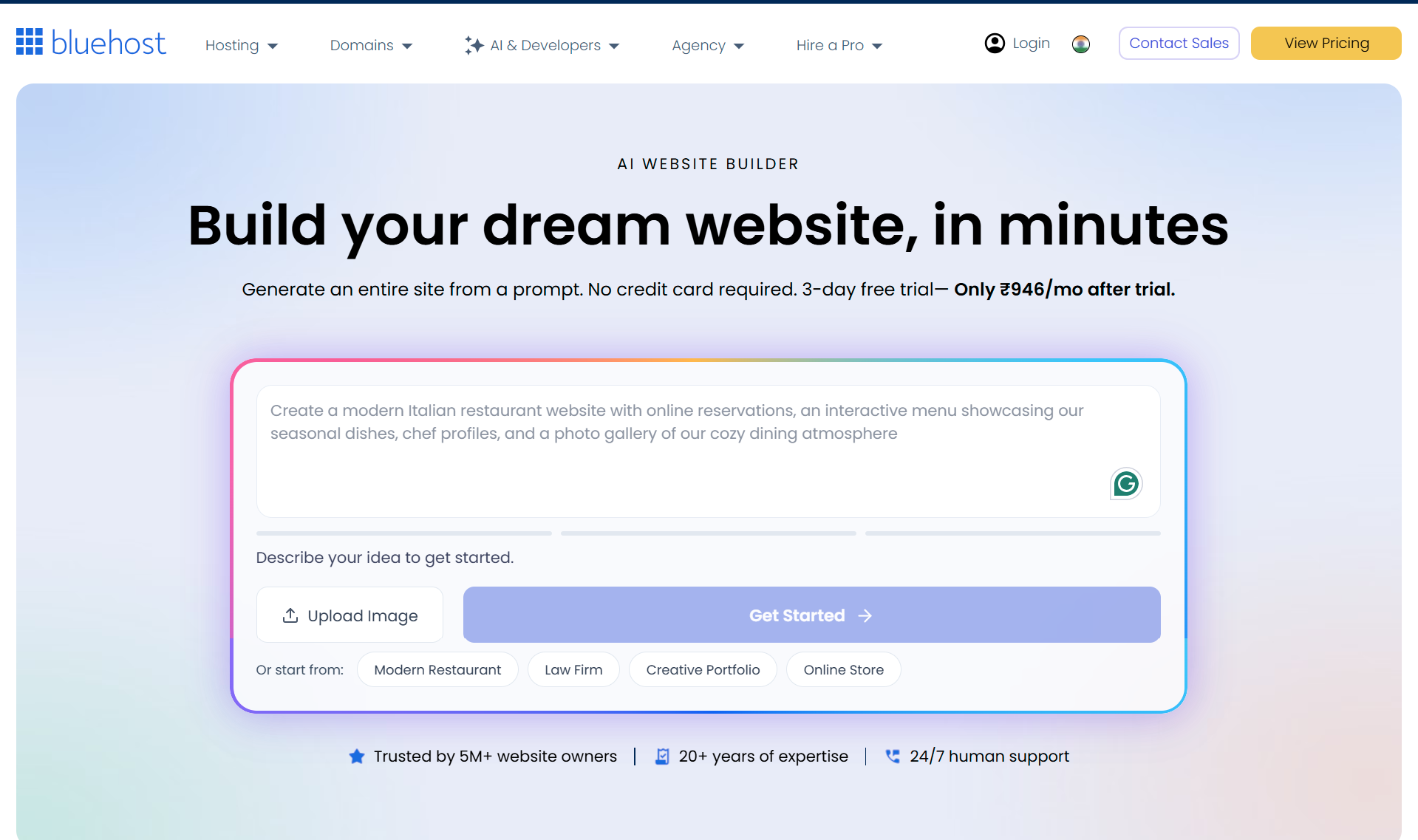 Bluehost website builder home page.