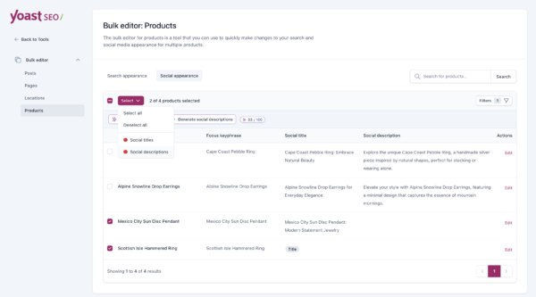 Yoast SEO Bulk editor Products screen with the Select menu open, showing Social titles and Social descriptions quality-based selection options.